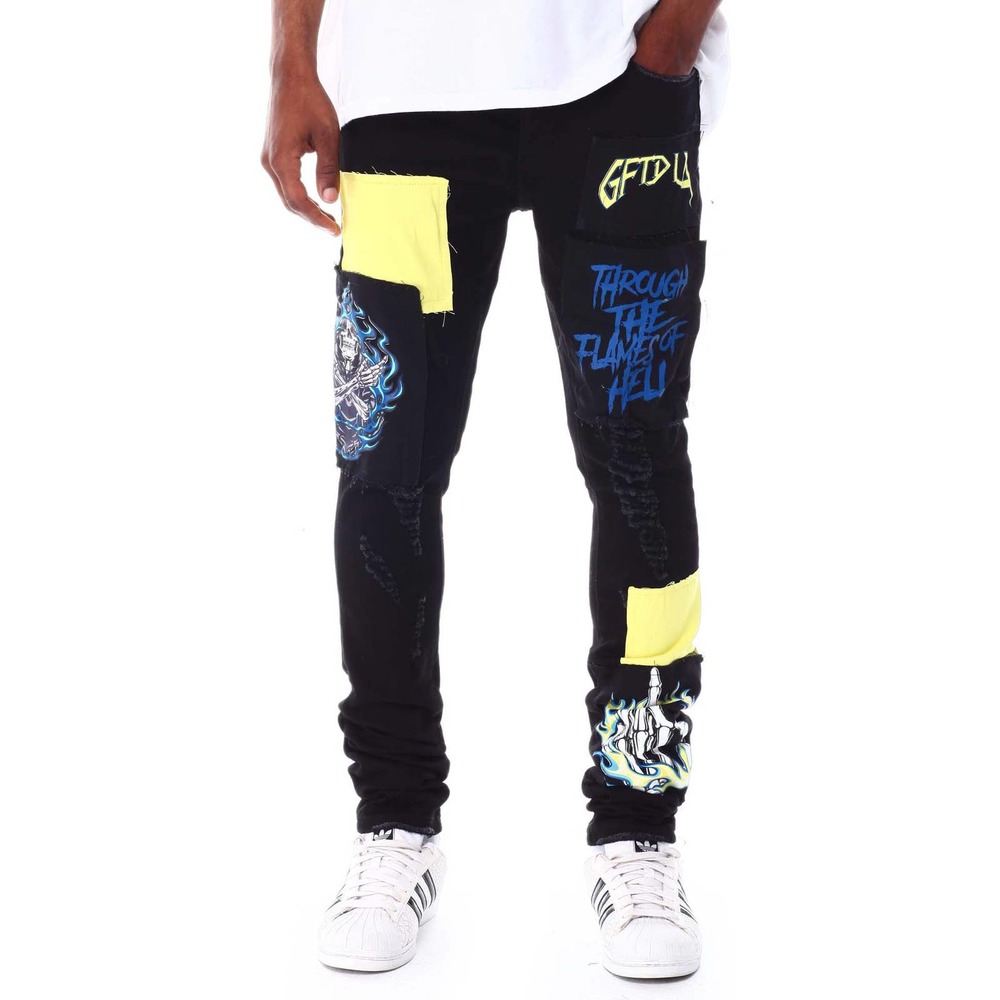 GFTD LA Los Angeles Men's Sage Skinny Fit Panel Patch Skull Distressed Rip Jeans